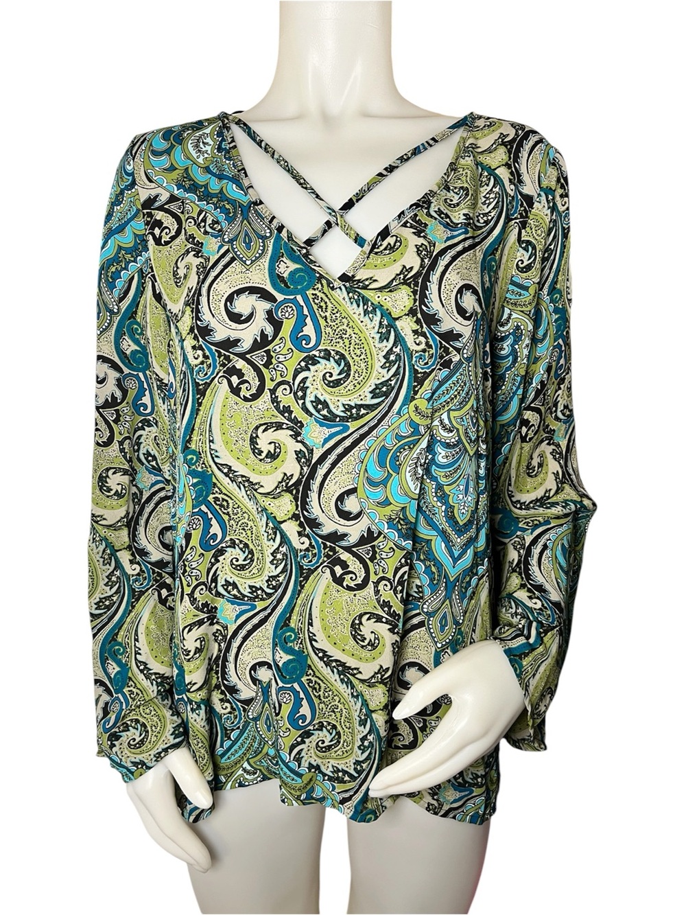 Teal & Lime Paisley V-Neck Crisscross Long Sleeve Blouse